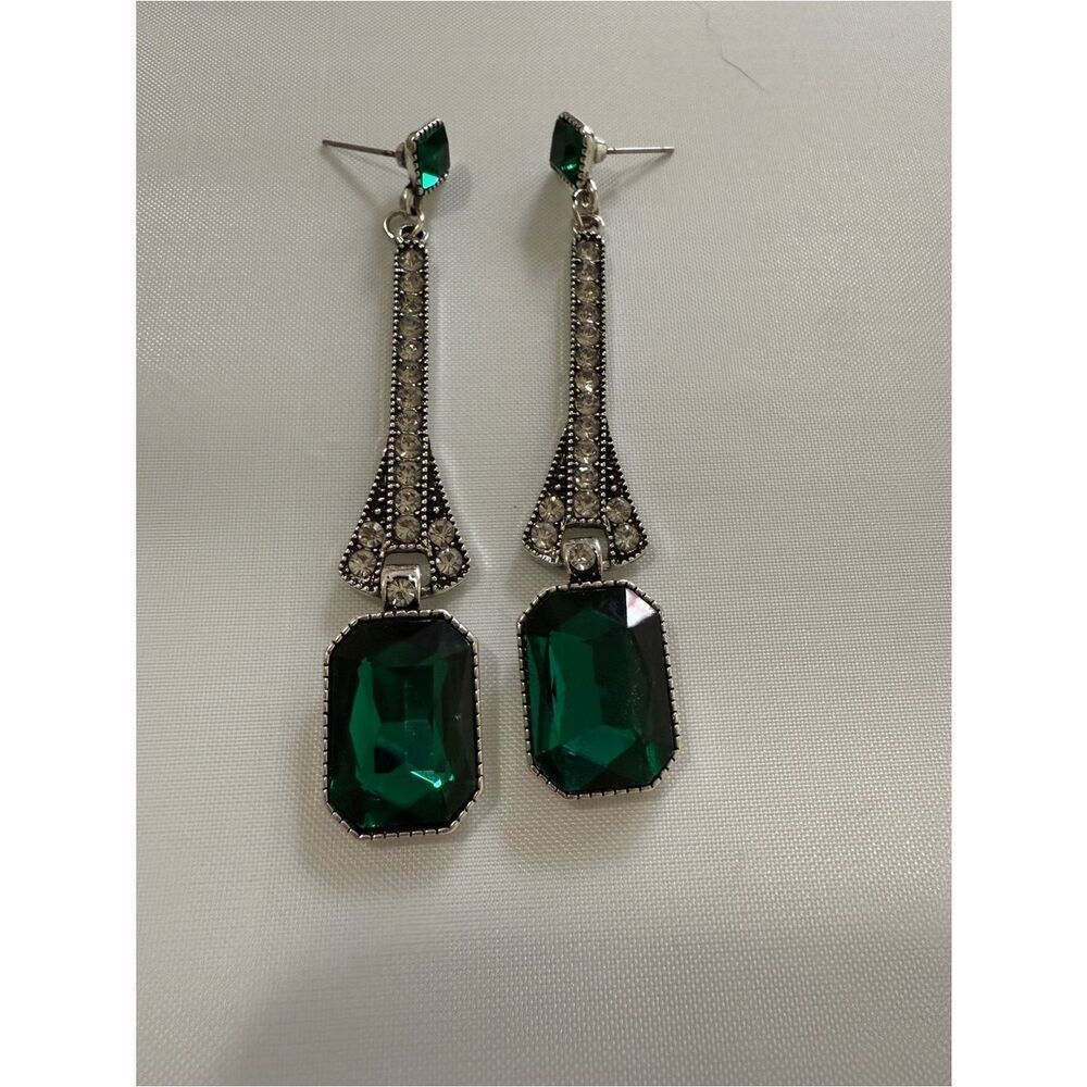 Art Deco Great Gatsby Style Emerald Green Geometric Gem and Silver Earrings